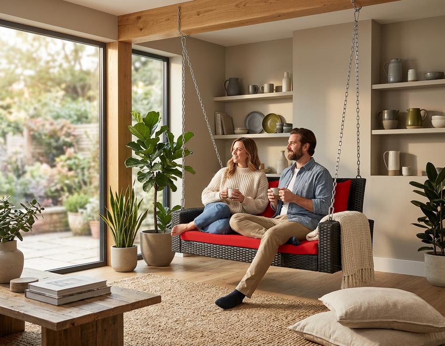 Rattan porch swing with cushions