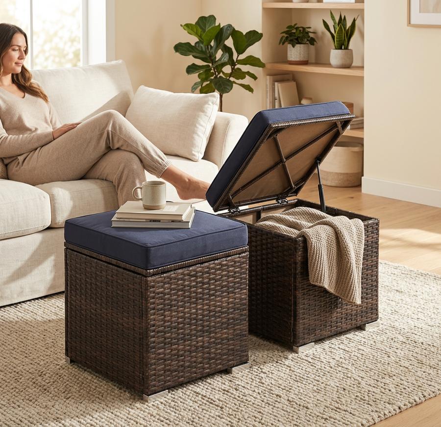 Storage ottomans on a deck