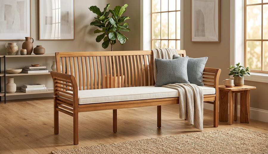 Acacia wood bench on a sunlit front porch
