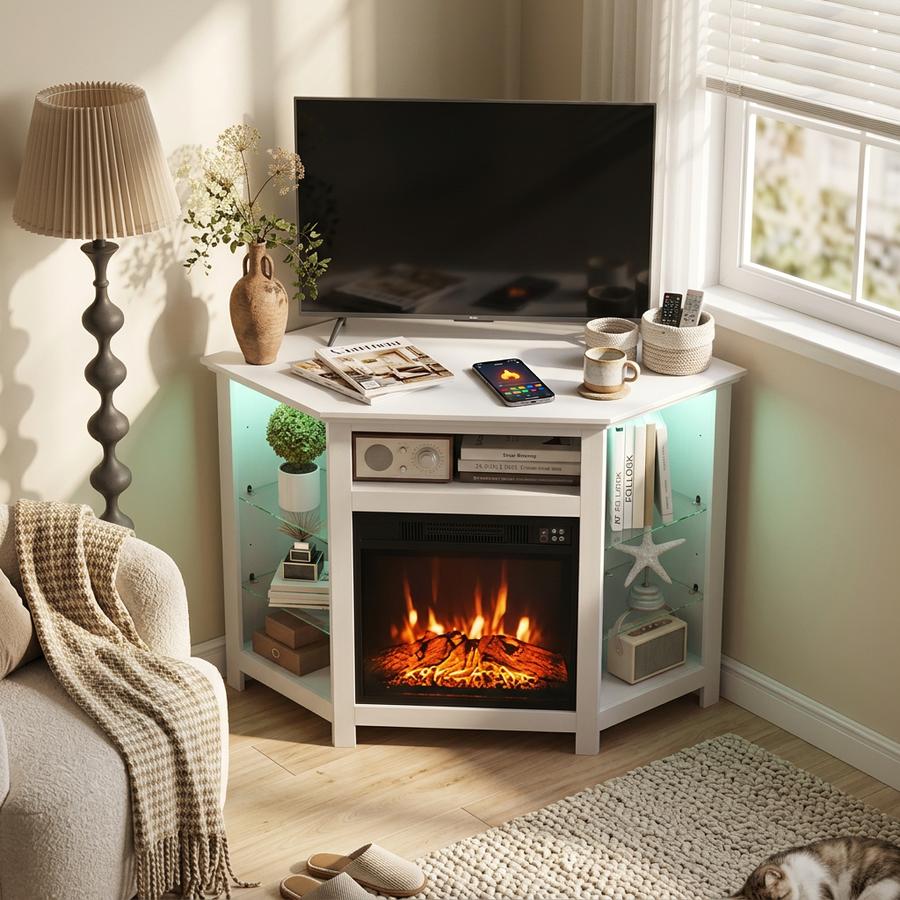 Corner fireplace TV stand in a living room