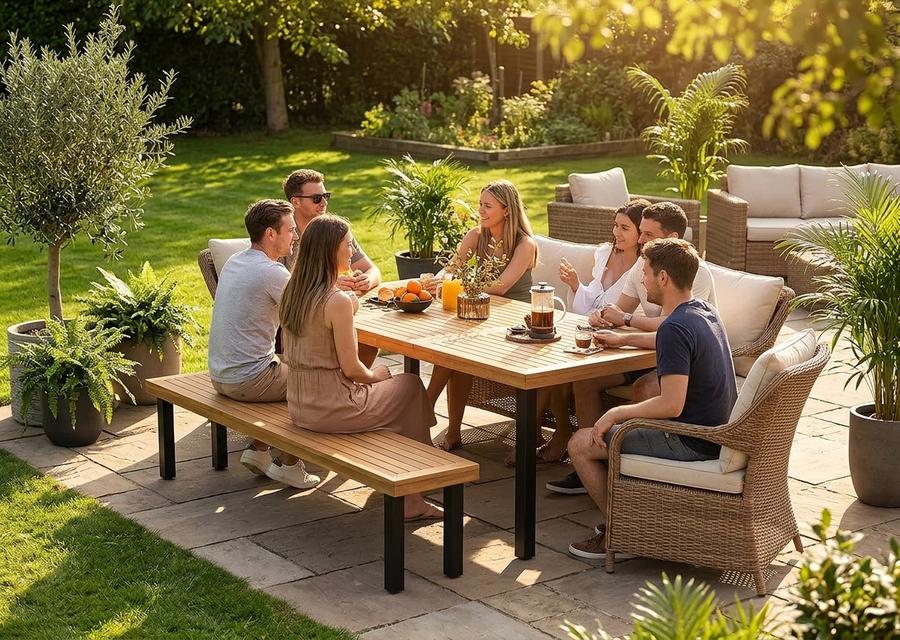 Acacia outdoor dining table set for eight