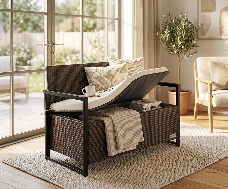 Wicker storage bench on a porch